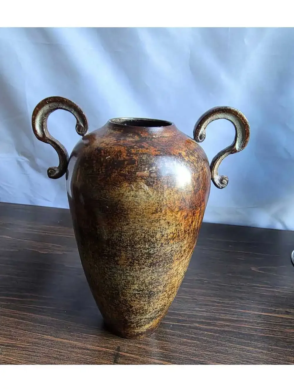 Vintage Metal Amphora Vase Scroll Handles Verdigris Rustic Urn Decor